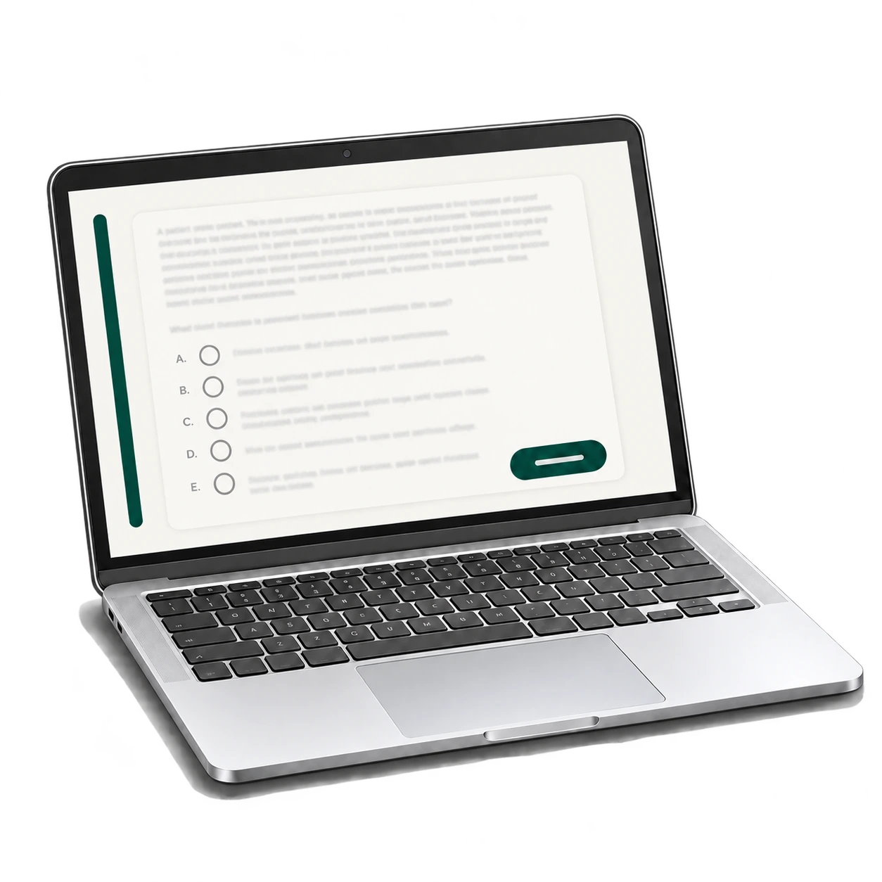 Illustration of a laptop showing a QuestionBank question with five answer choices